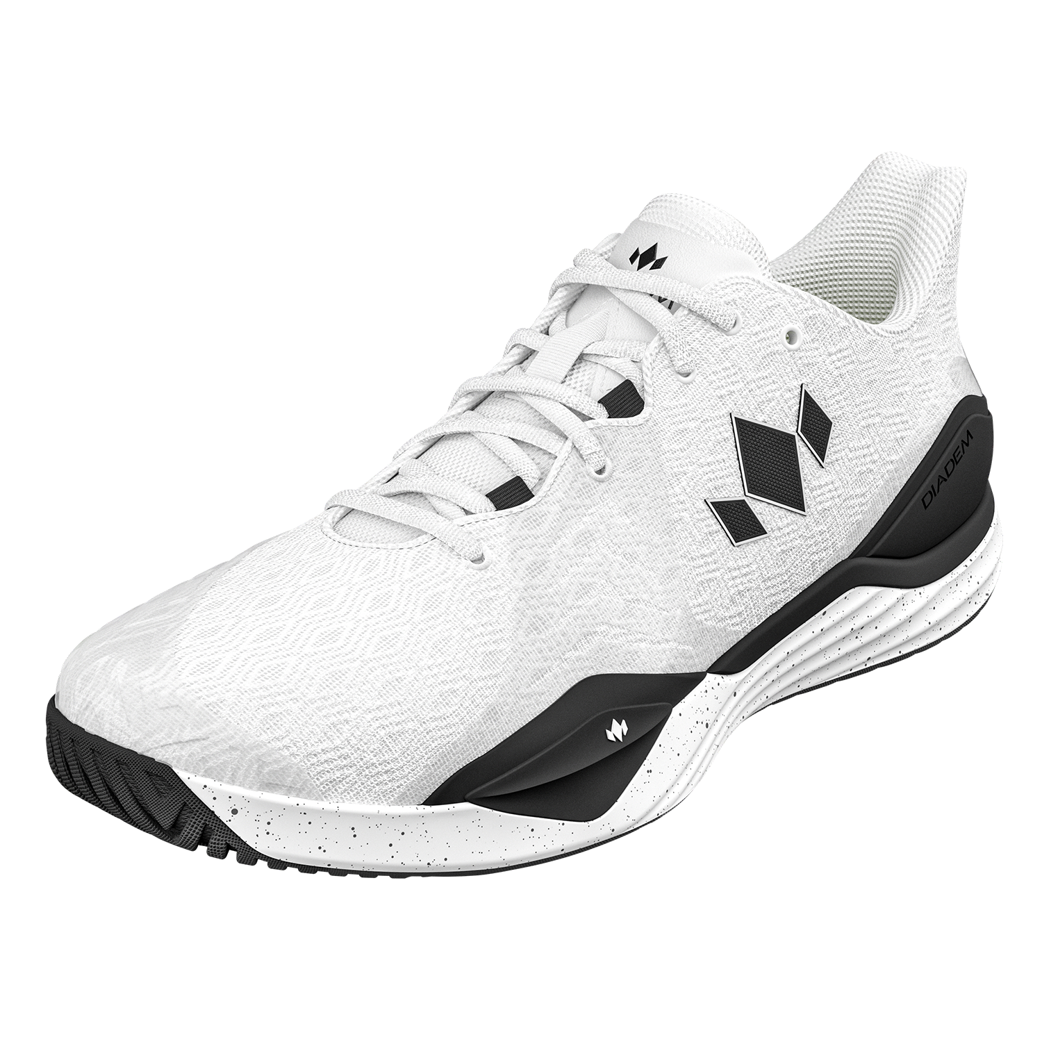 White athletic shoe with black accents on a white background