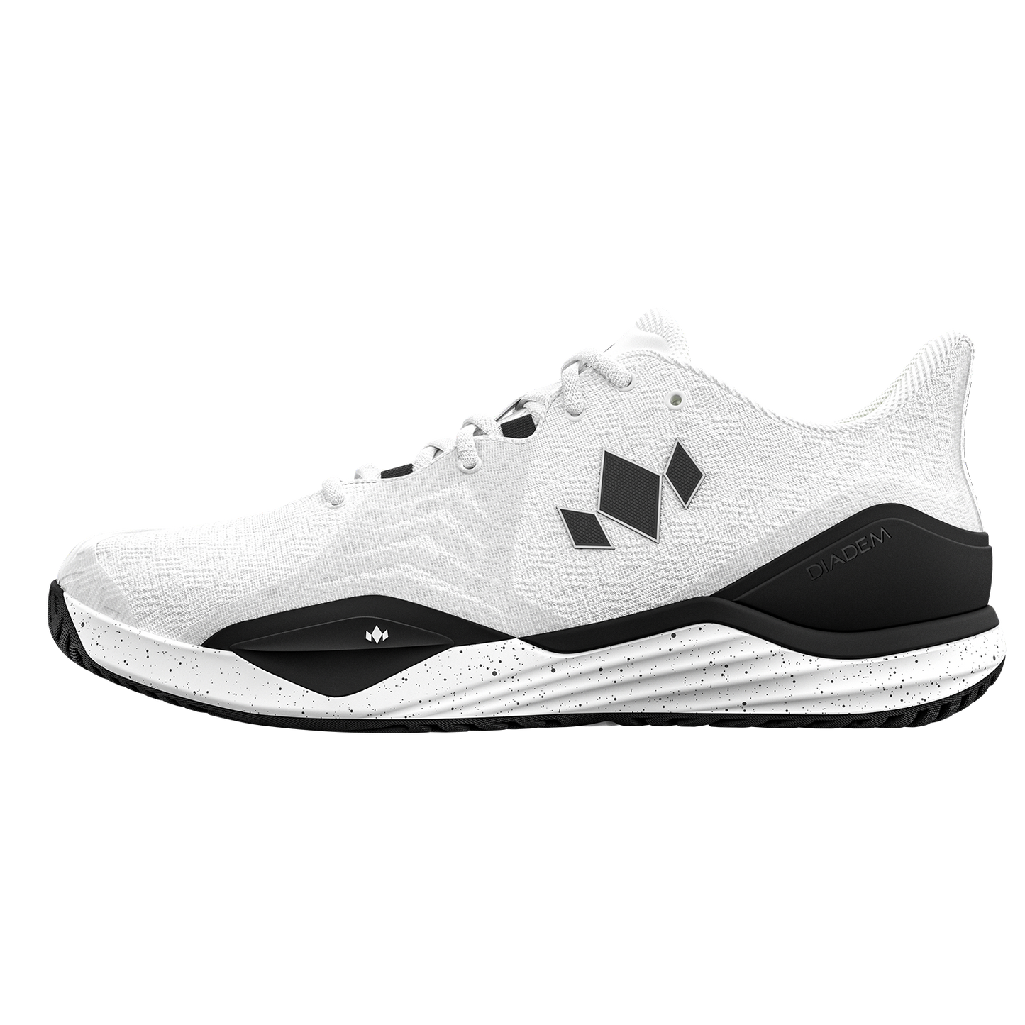 White athletic shoe with black accents on a white background