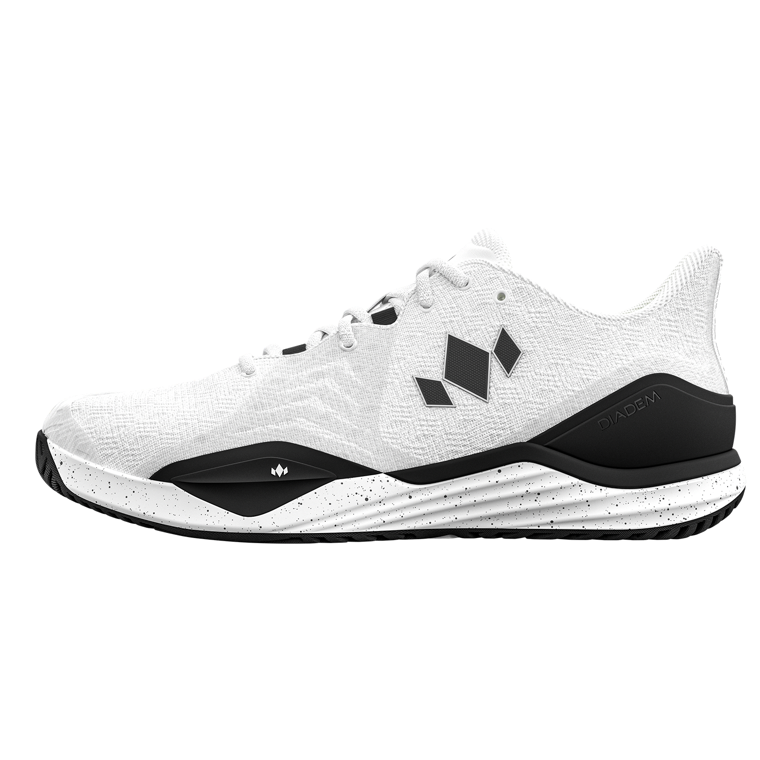 White athletic shoe with black accents on a white background