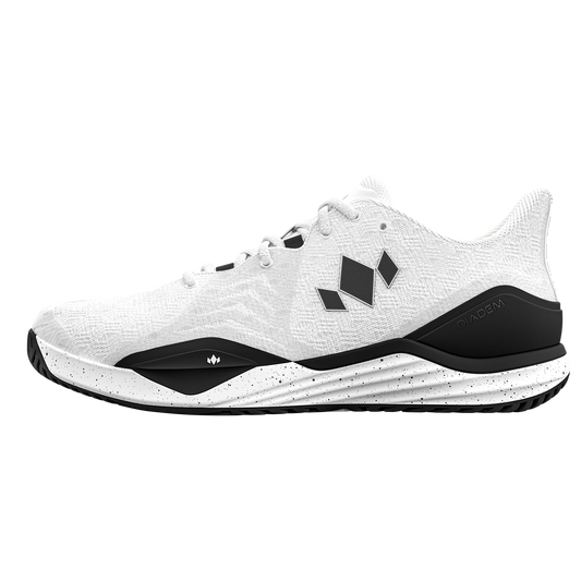 White athletic shoe with black accents on a white background