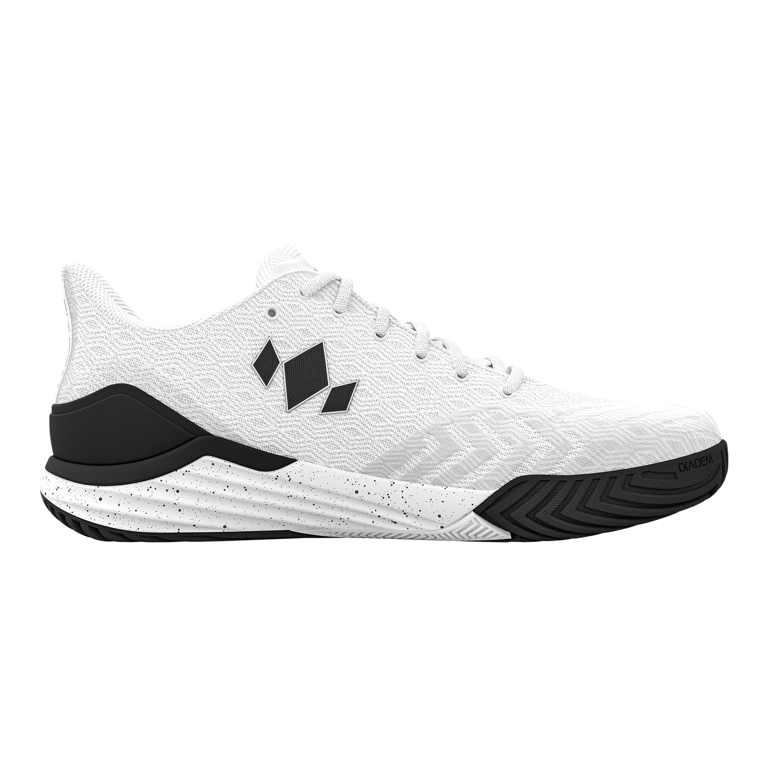 White athletic shoe with black accents on a white background