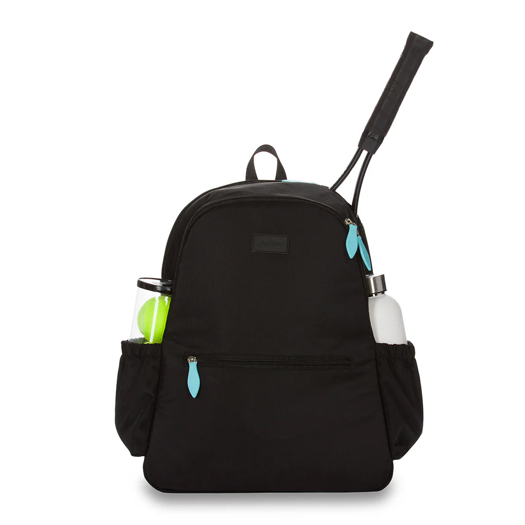 Black tennis backpack with tennis racket and balls on a white background