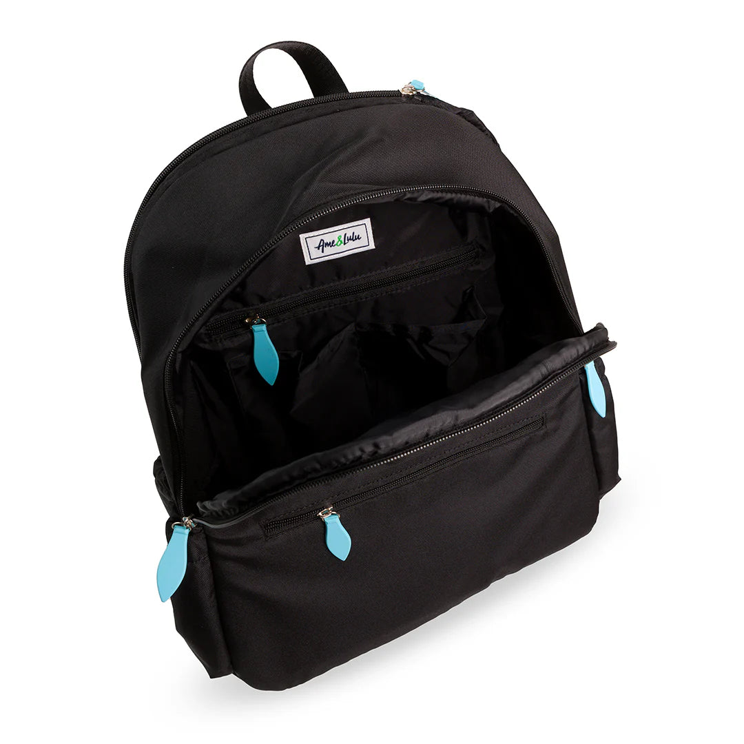 Black Ame & Lulu Courtside tennis backpack with blue zippers on a white background
