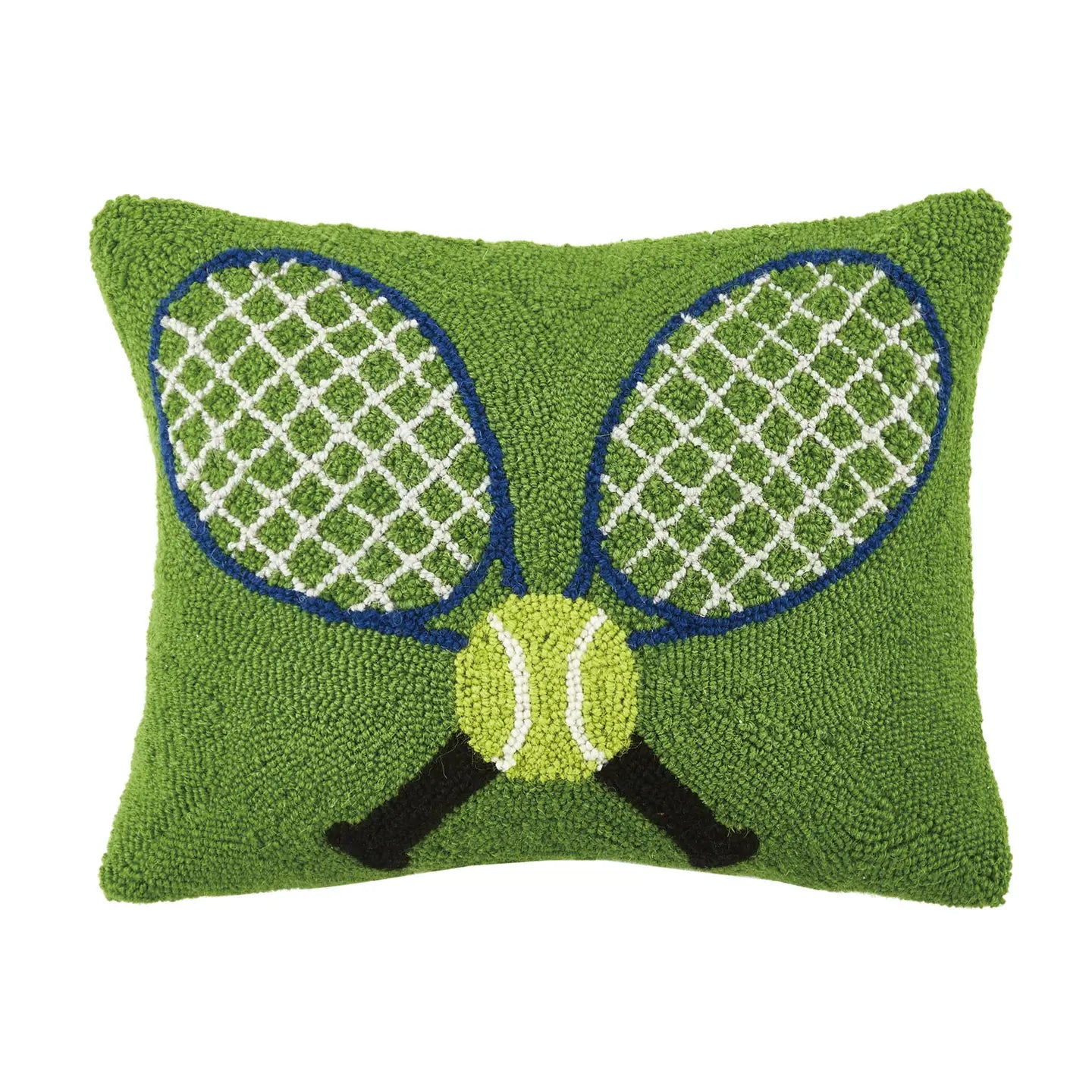 green cross stitched pillow with two crossing tennis racquets and a tennis ball on Tennis DuJour.