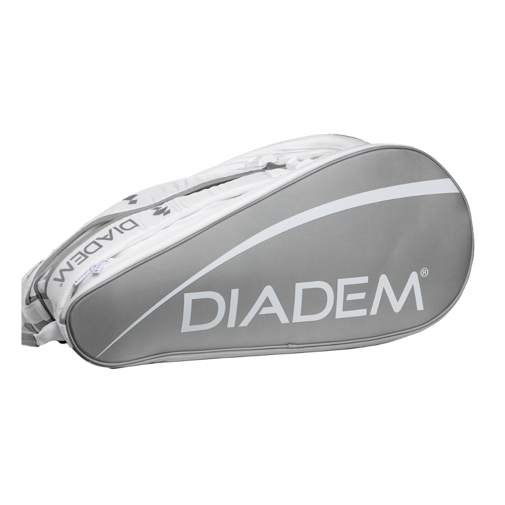 Gray and white tennis racket bag with 'Diadem' branding on a white background