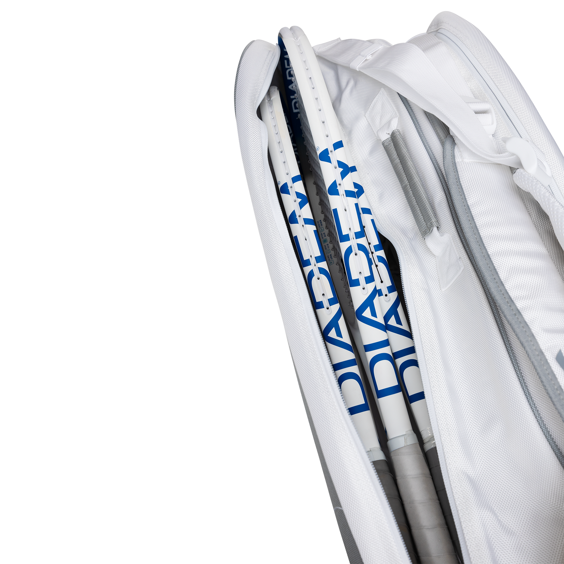 Close-up of a white sports bag with blue and black branding on a white background