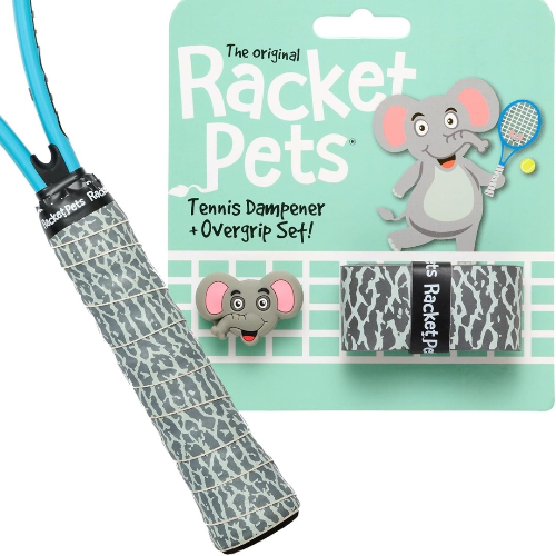 Racket Pets tennis dampener and overgrip set with packaging featuring an elephant character.
