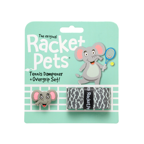 Racket Pets packaging with elephant character and tennis equipment on a light green background