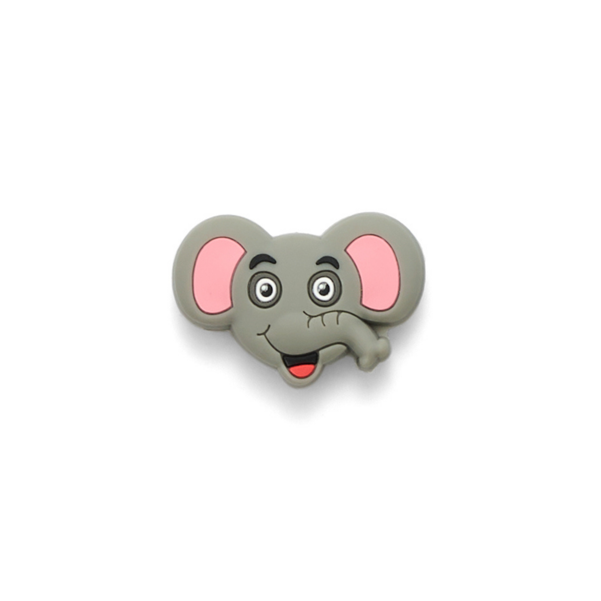 Gray elephant-shaped object with pink ears on a white background