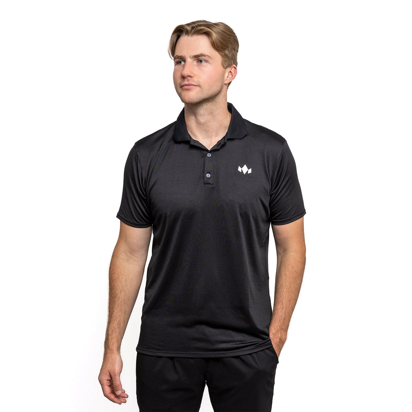 Man wearing a black polo shirt with a logo on a white background