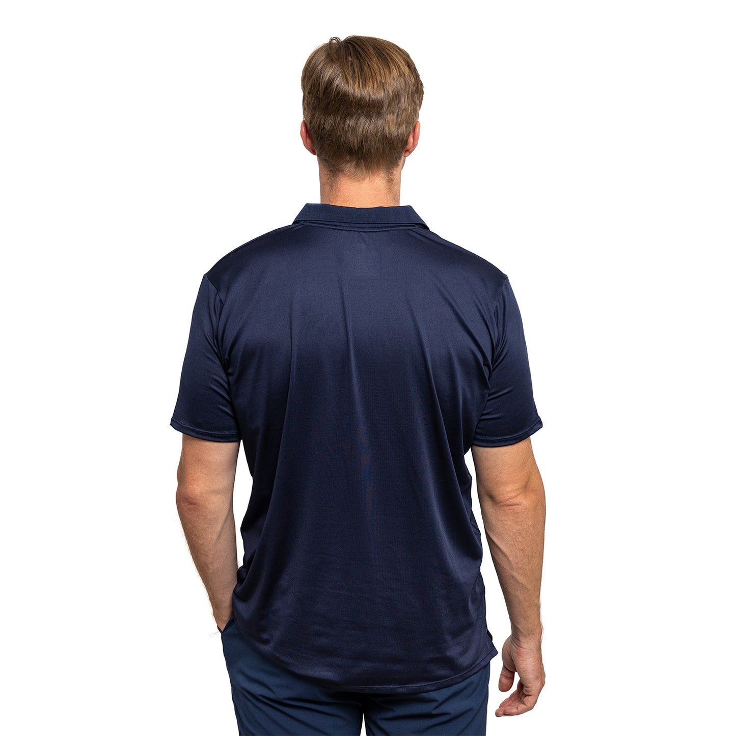 Man wearing a navy blue polo shirt on a white background