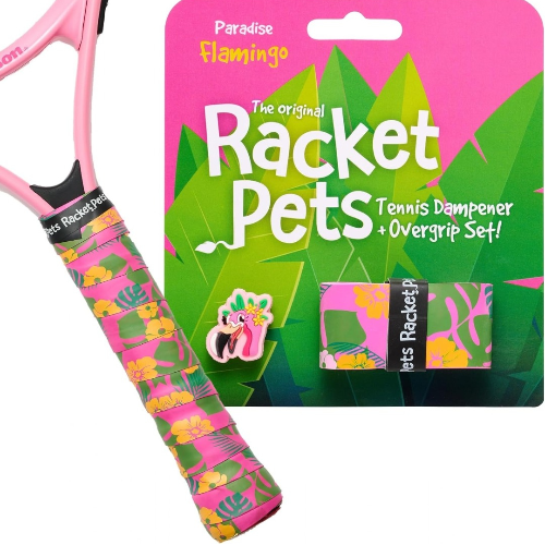 Racket Pets tennis racket with flamingo design and packaging on a white background
