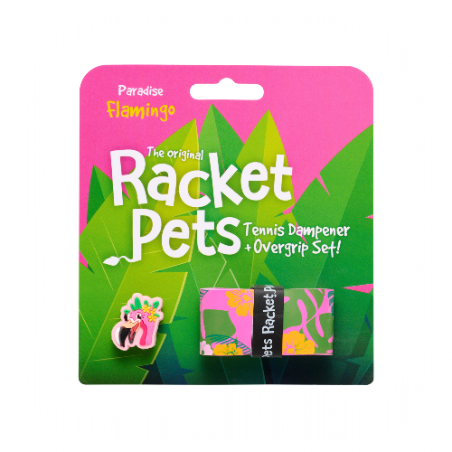 Racket Pets packaging with pink flamingo design on a white background
