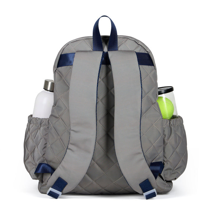 Gray quilted backpack with blue accents on a white background