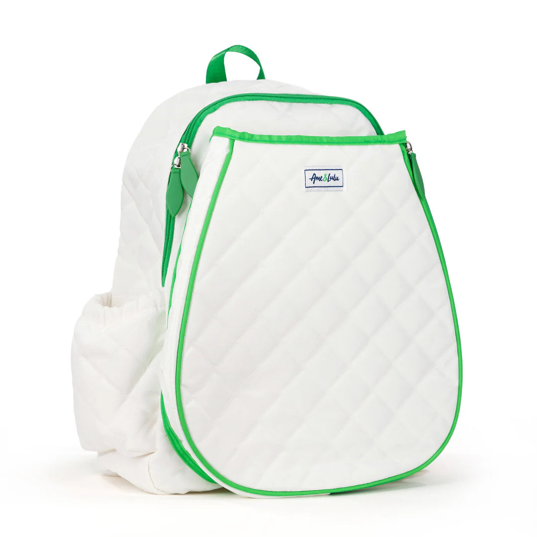 white tennis backpack with green piping