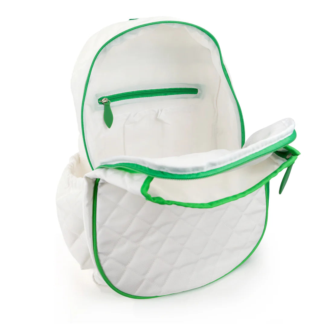 White tennis backpack with green piping