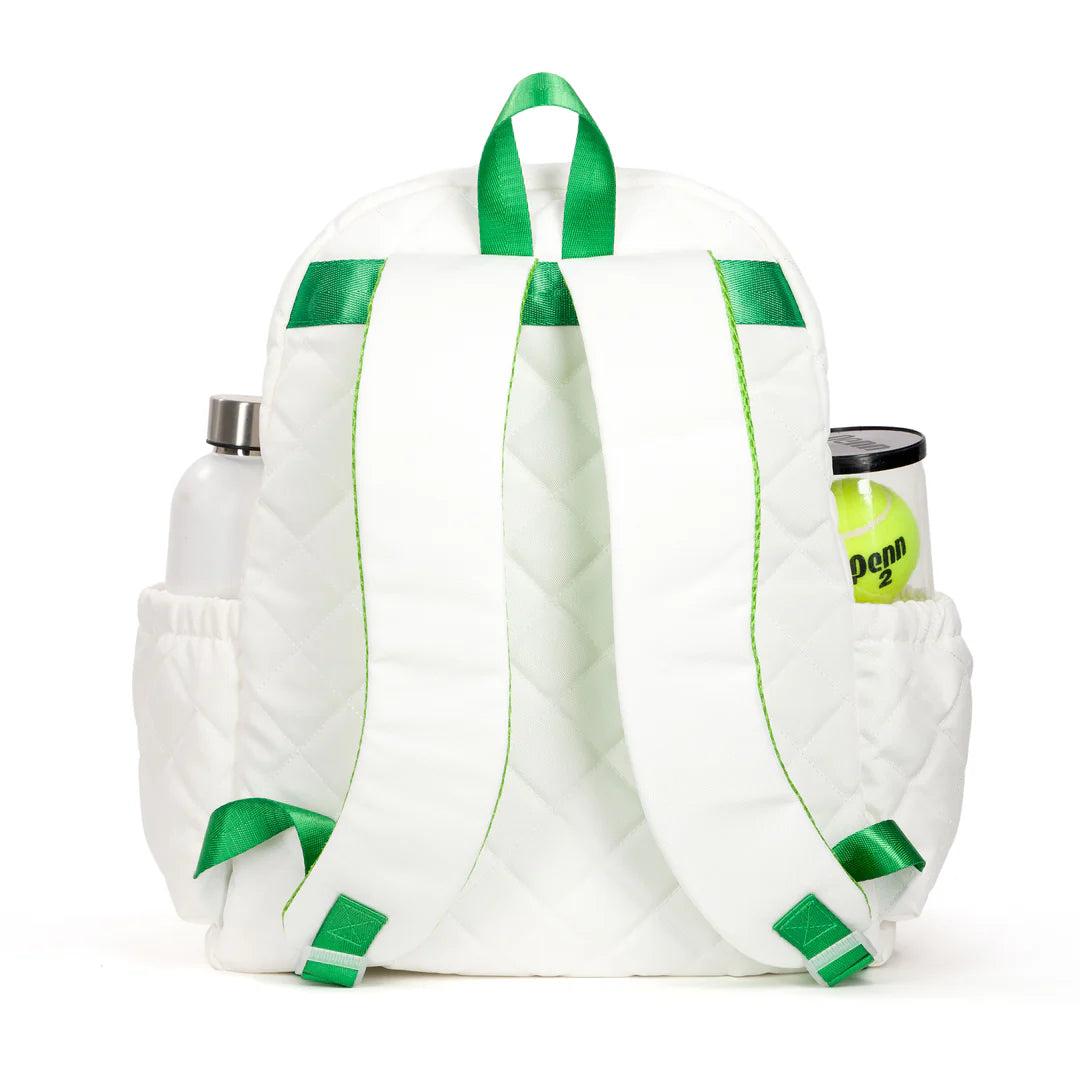White tennis backpack with green straps and pockets on a white background