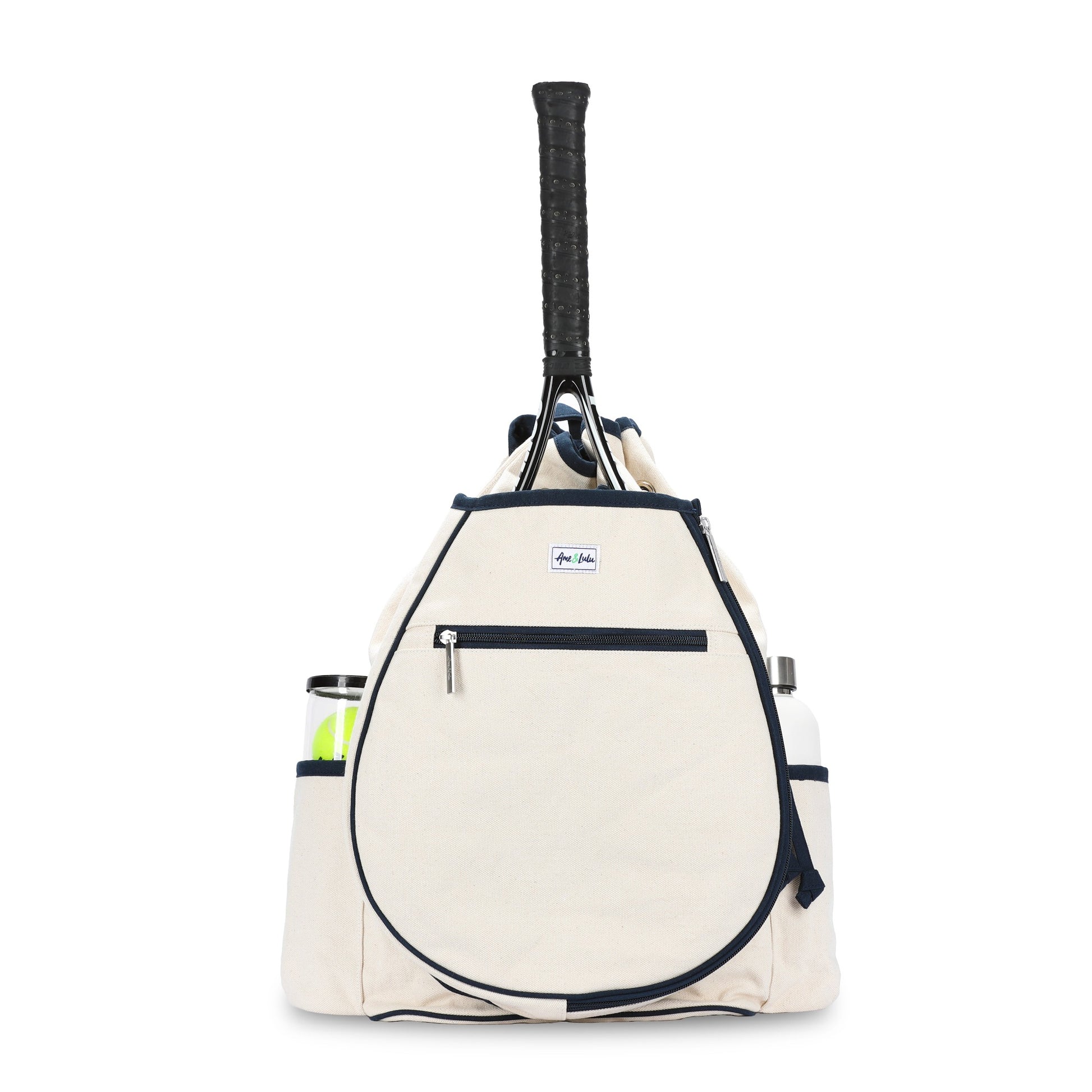 Ame & Lulu Hamptons Tennis Backpack white with blue border on Tennis DuJour