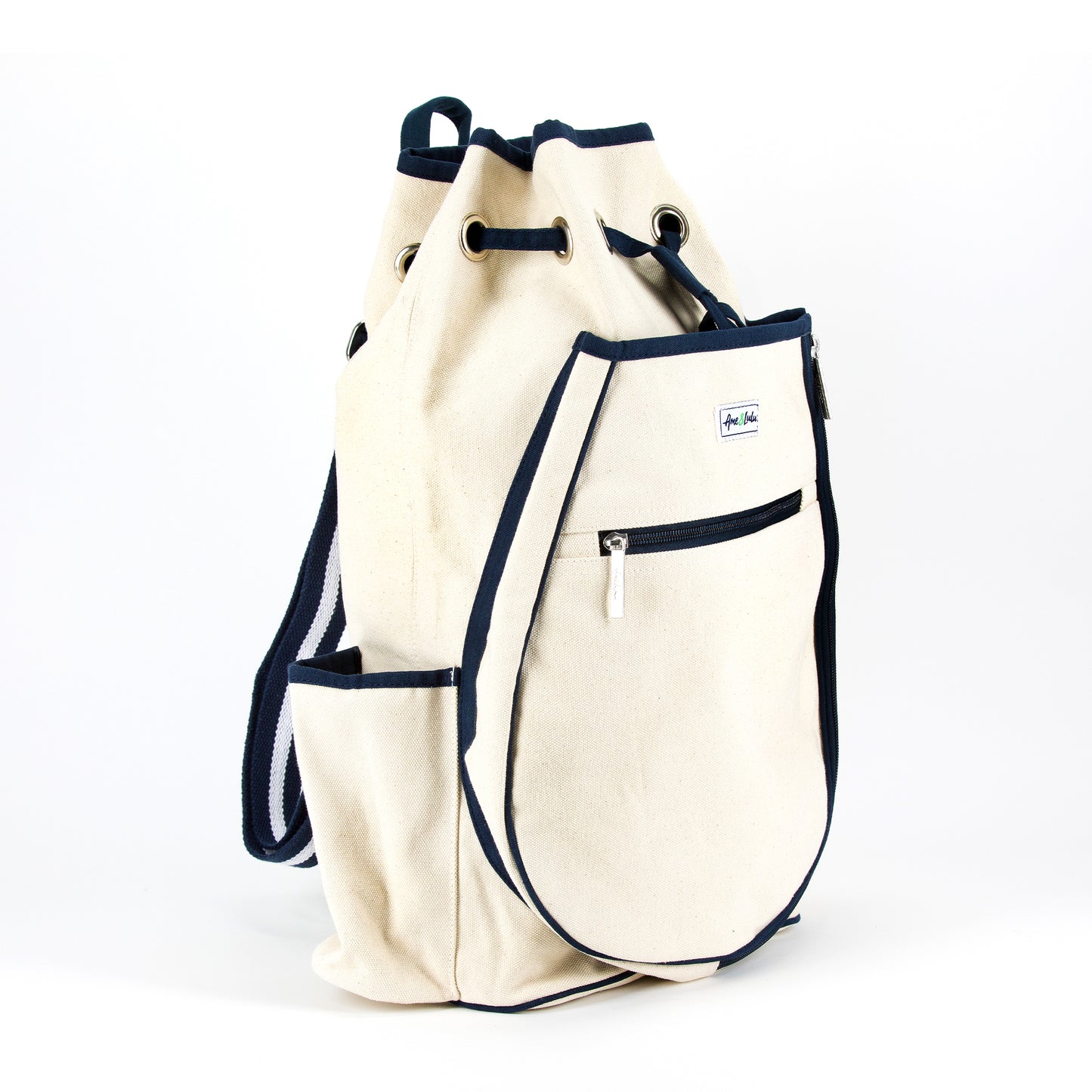 Ame & Lulu Hamptons Tennis Backpack white with blue border on Tennis DuJour