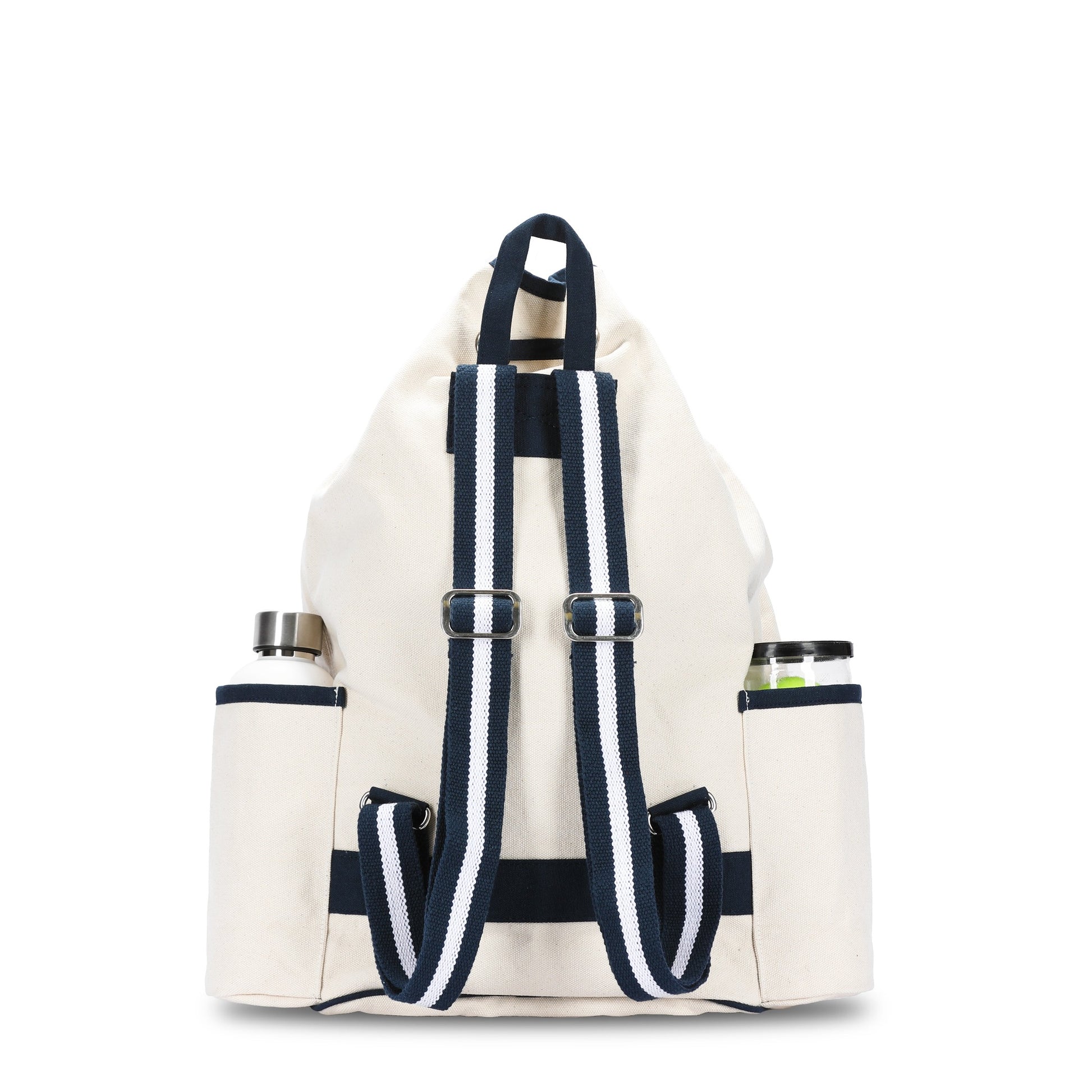 Ame & Lulu Hamptons Tennis Backpack white with blue border back view on Tennis DuJour