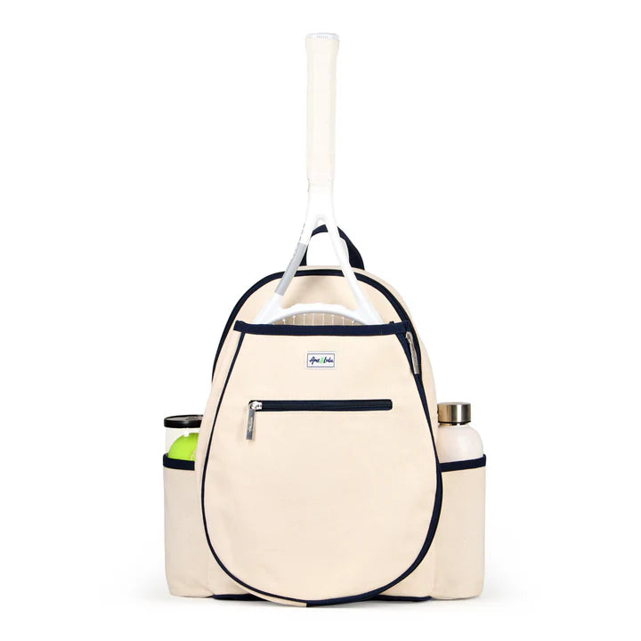 Beige backpack with tennis racket and accessories on a white background