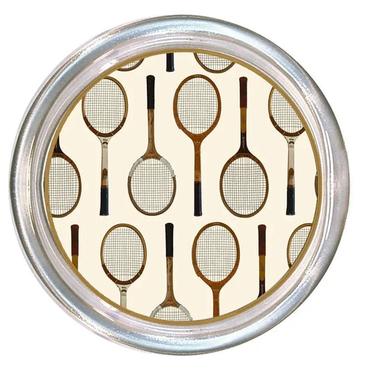 glass coaster with antique tennis rackets