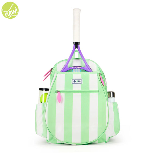 Green and white striped tennis bag with a racket and bottles on a white background