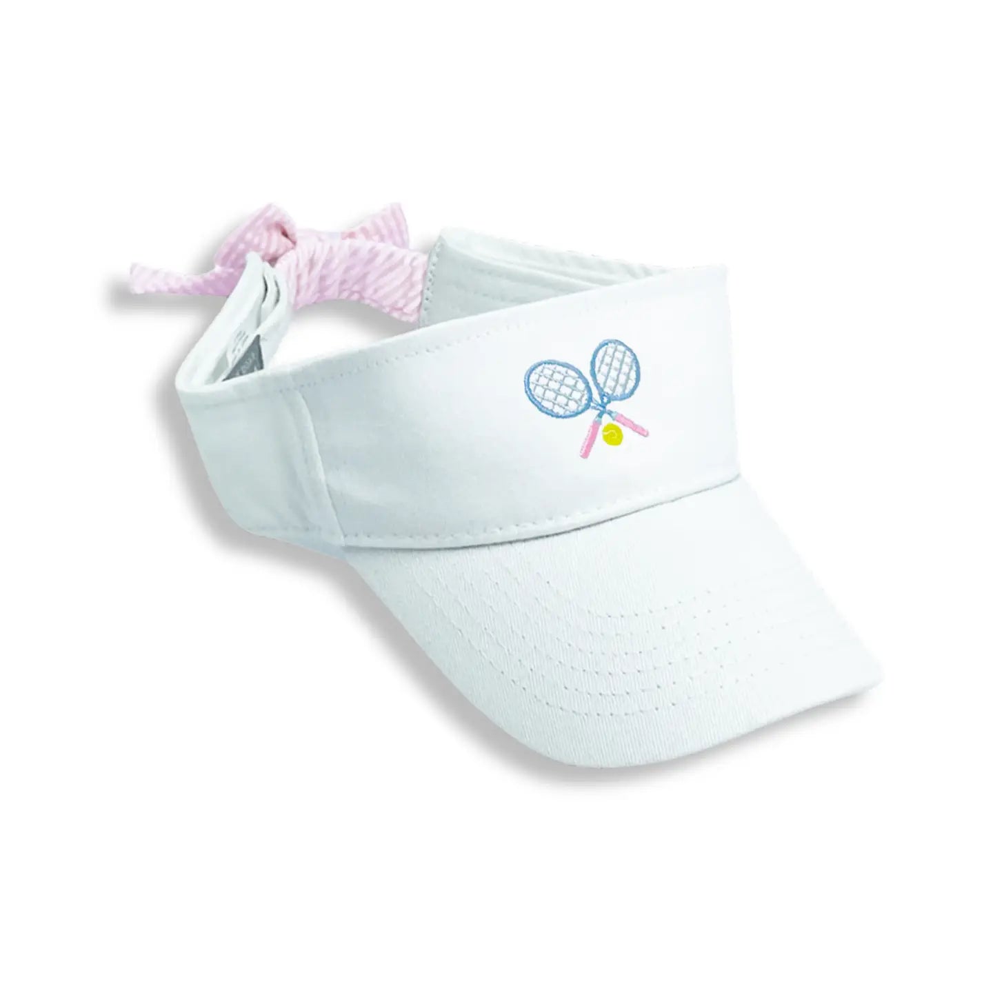 White visor with embroidered tennis racquet design on a white background