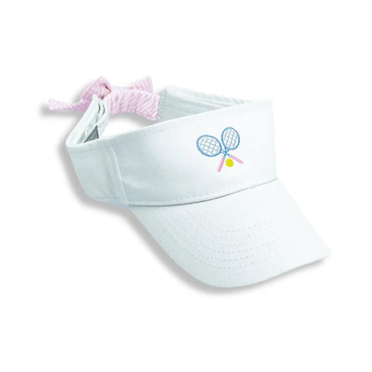 White visor with embroidered tennis racquet design on a white background