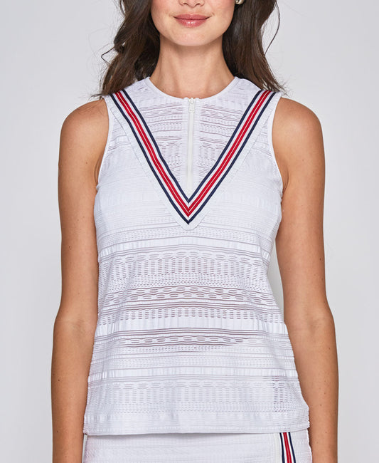 L'Etoile White Zip Tank Top with blue and red v-stripe on TennisDujour.com