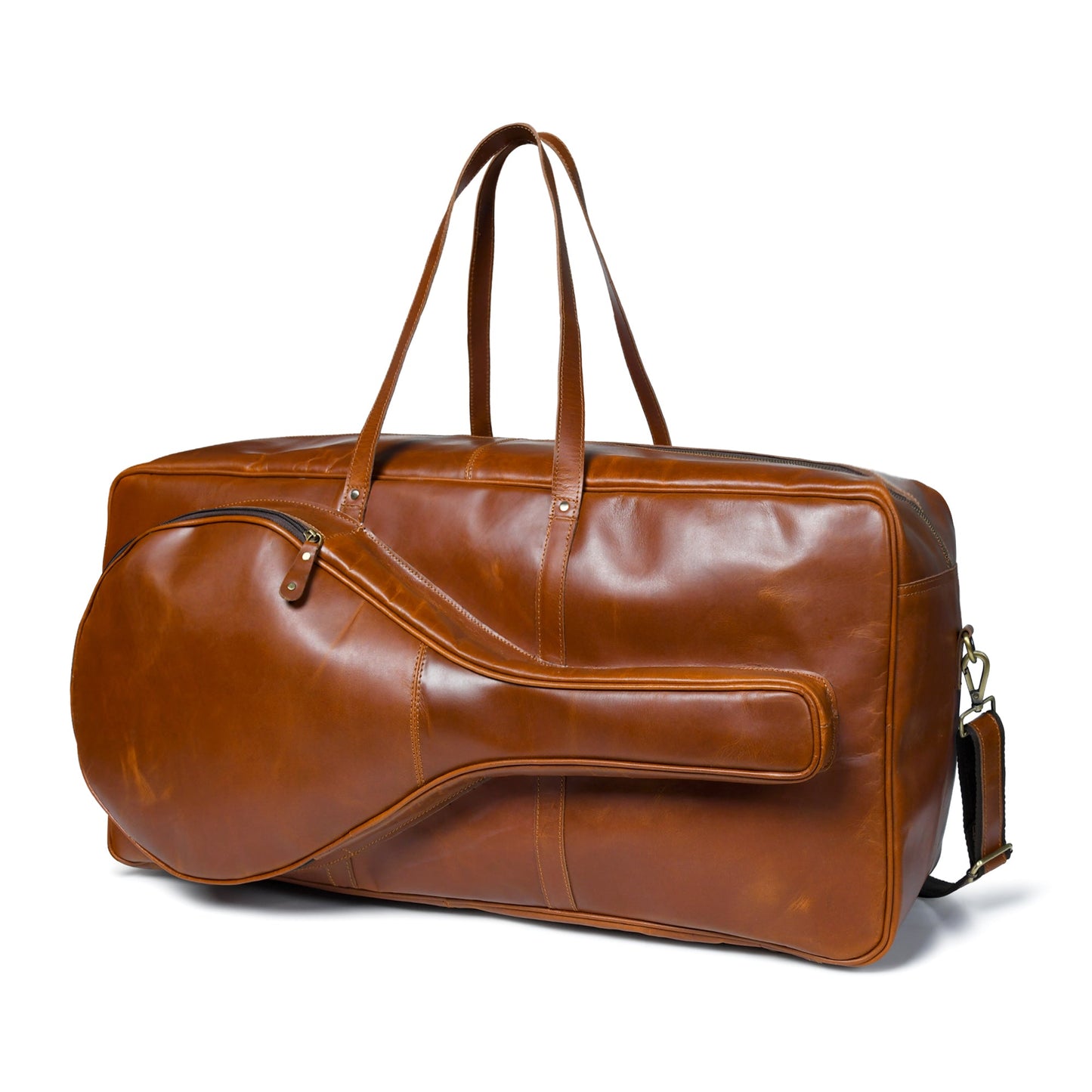 Brown leather duffel bag on a white background