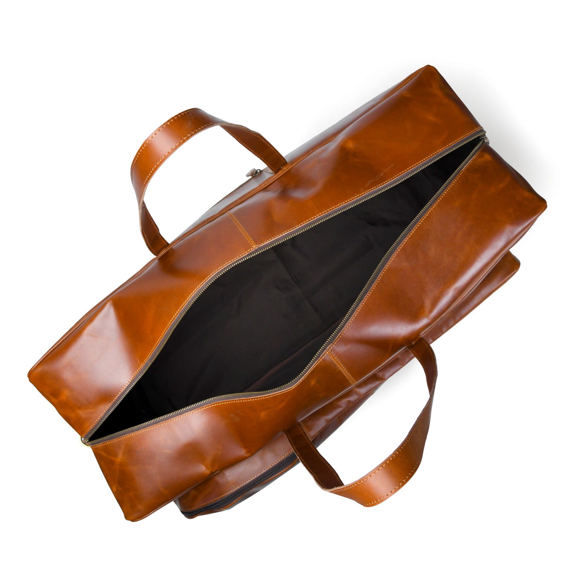 Brown leather bag with open front on a white background