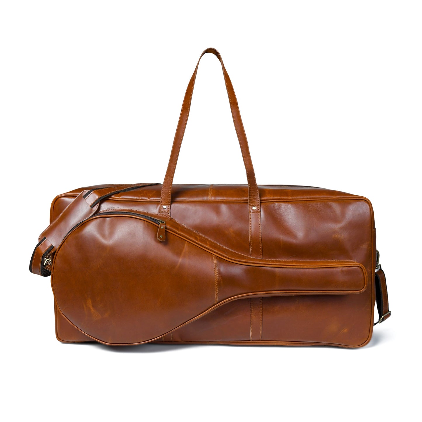 Brown leather duffel bag on a white background