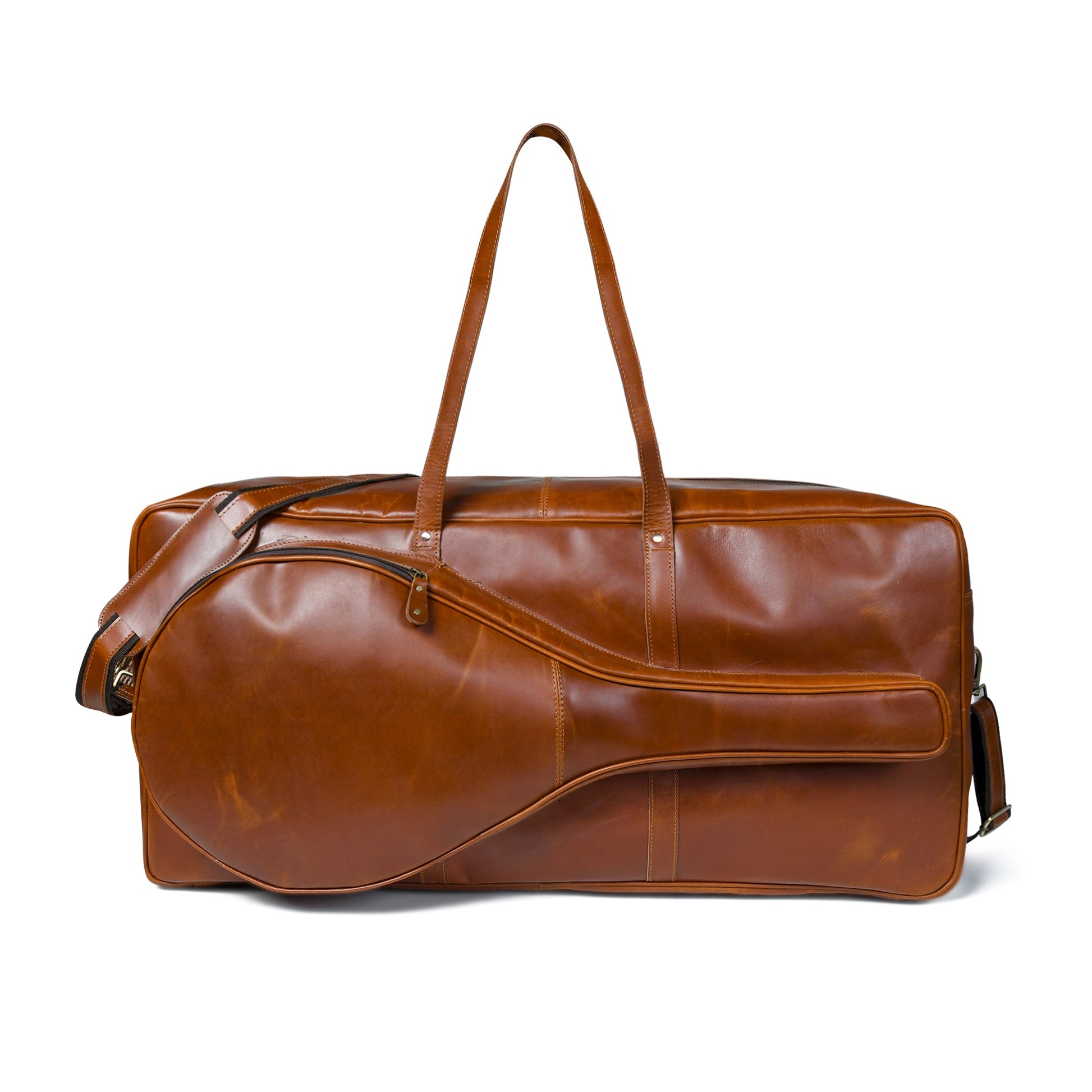 Brown leather duffel bag on a white background