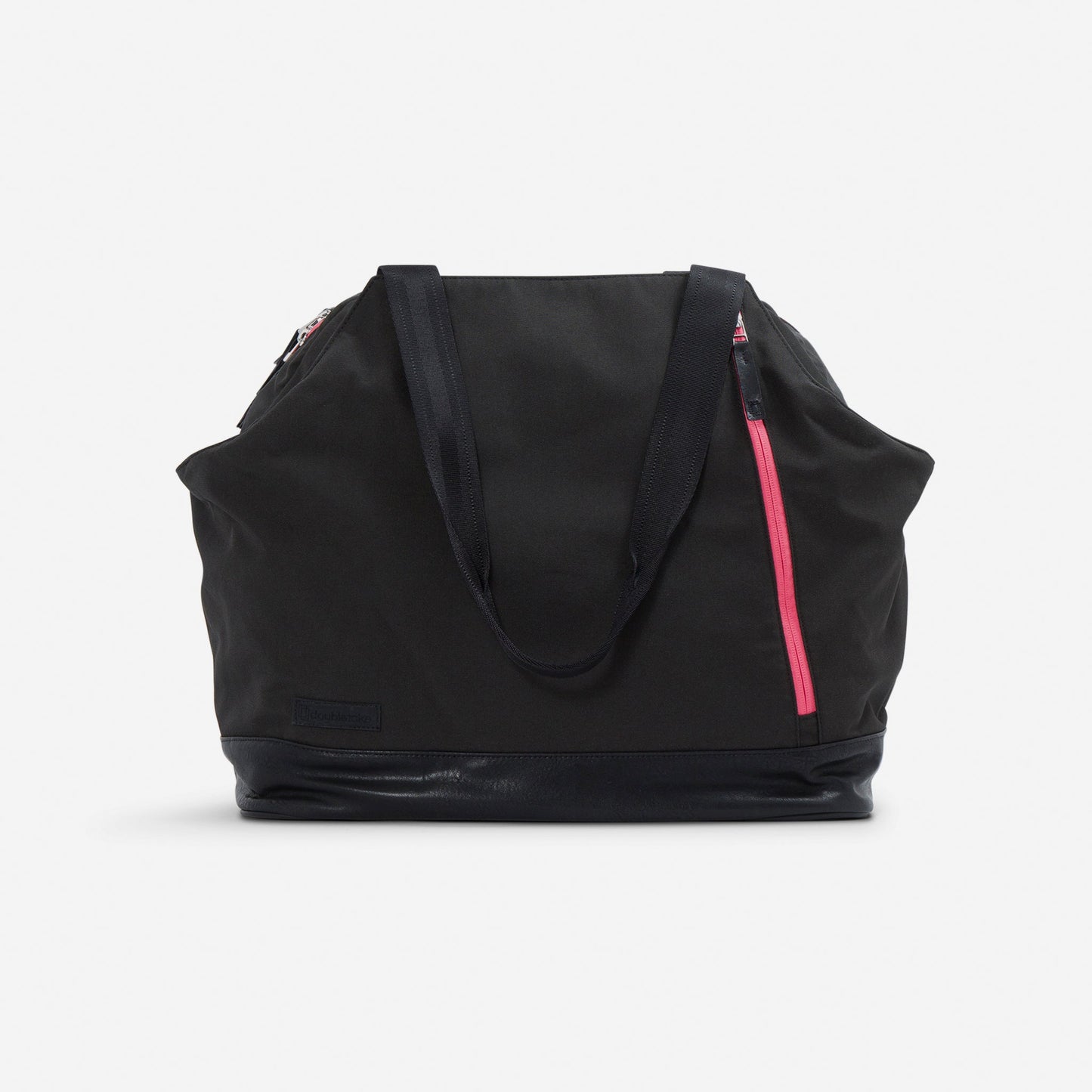 Black tennis tote bag with a pink zipper on a white background