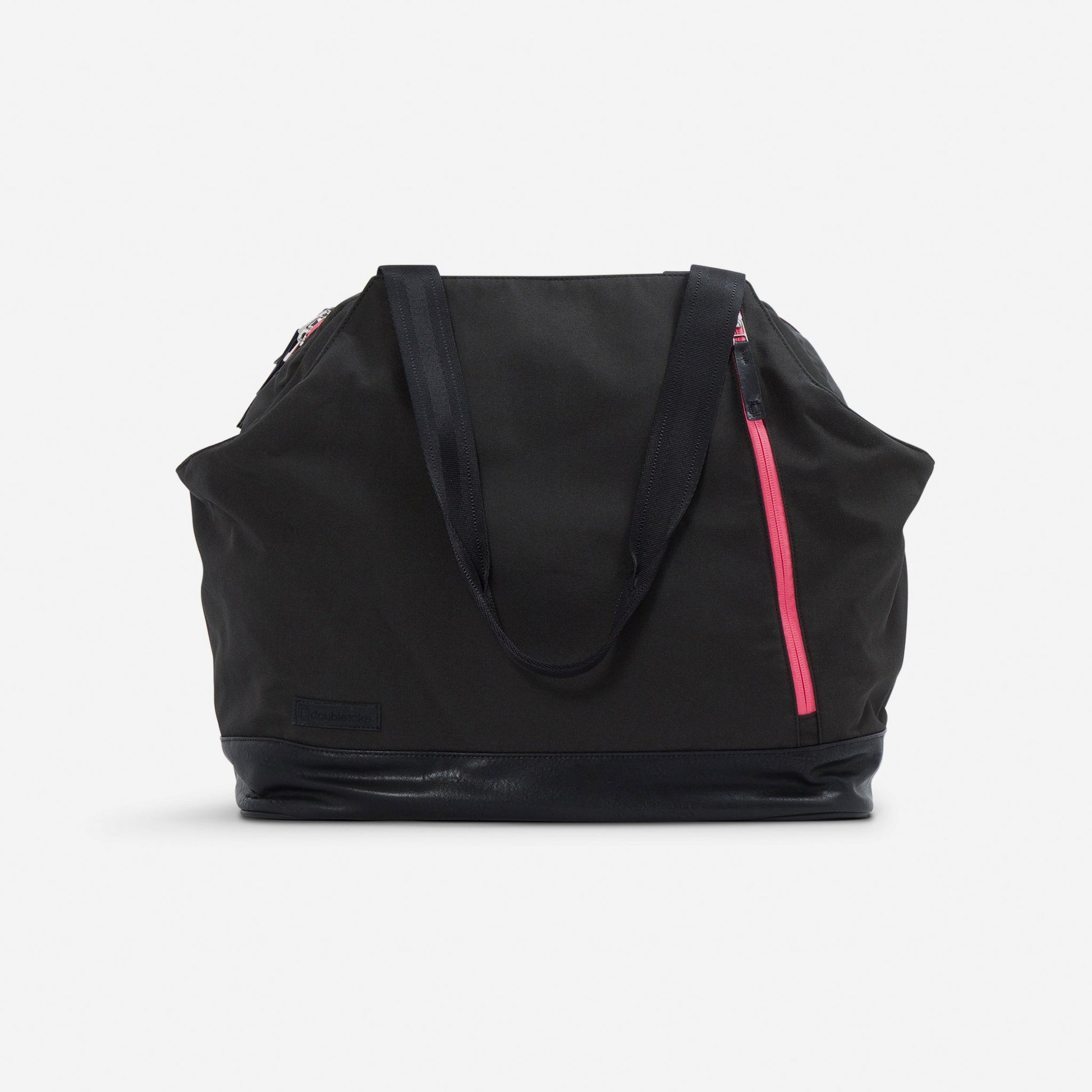 Black tennis tote bag with a pink zipper on a white background