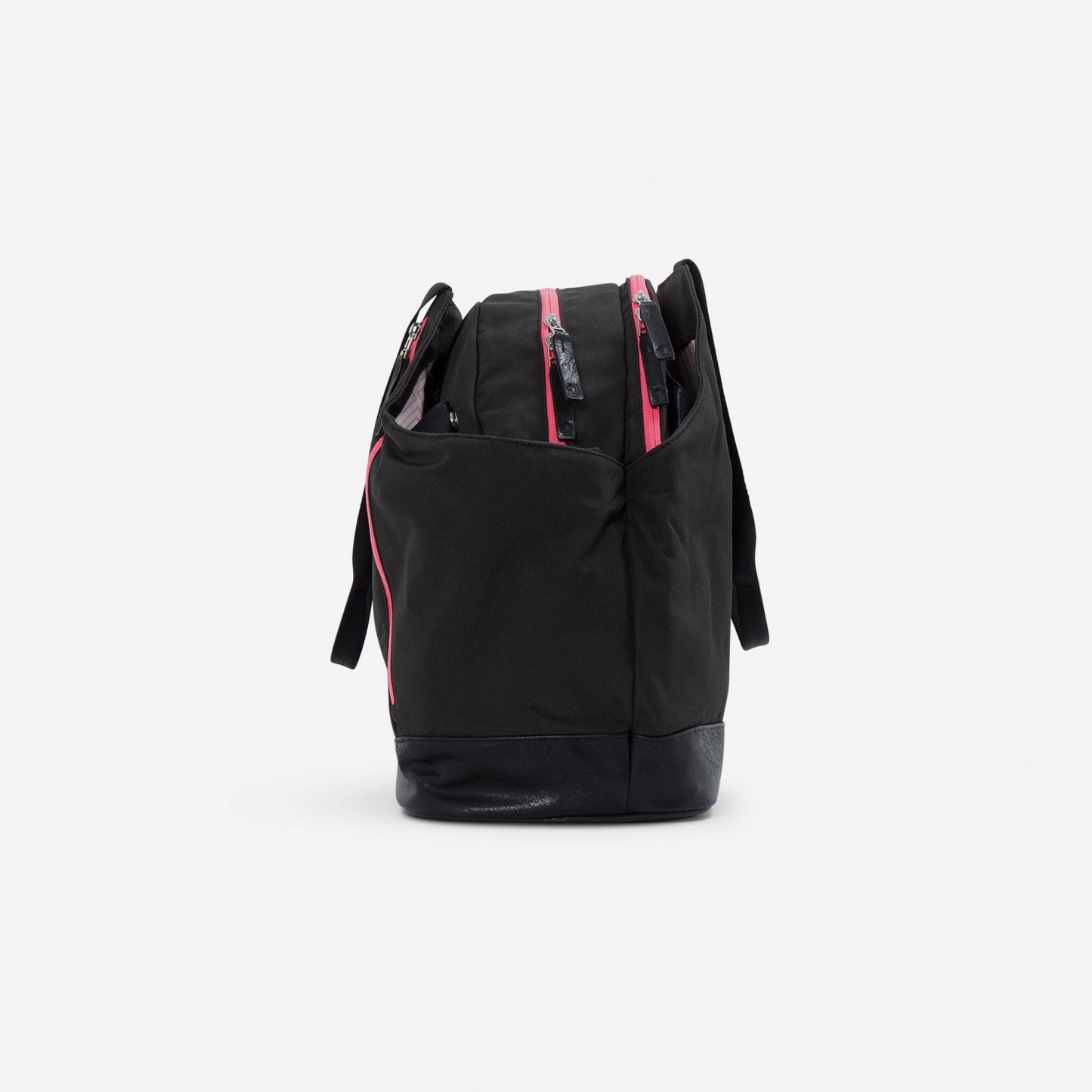 Black tennis backpack with pink zippers on a white background