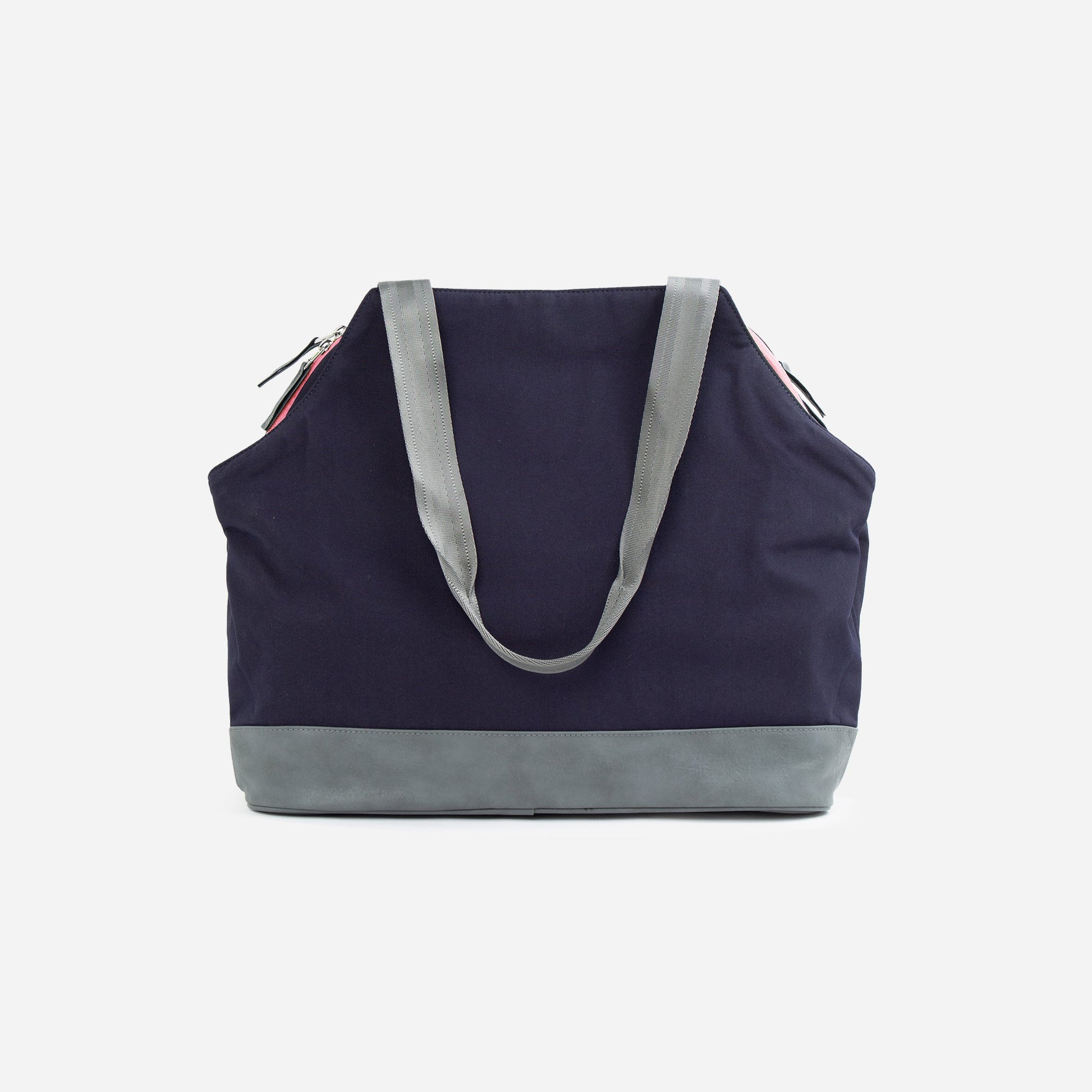 Navy blue  tennis tote bag with gray handles and trim on a white background