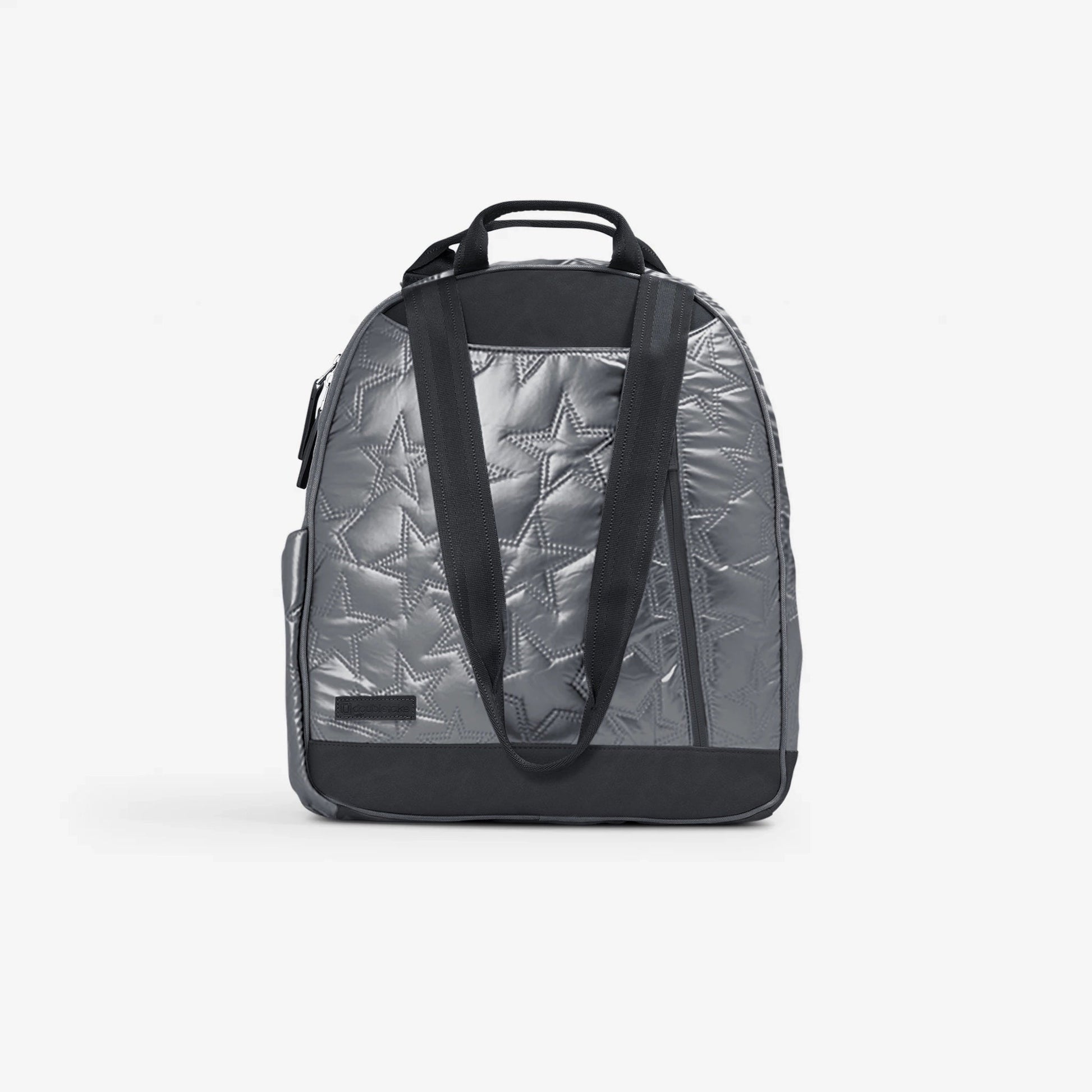 Gray quilted Doubletake tennis backpack with black straps on a white background
