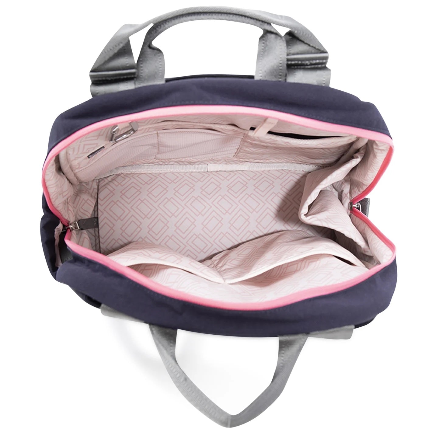 Navy blue Doubletake tennis backpack with pink interior on a white background