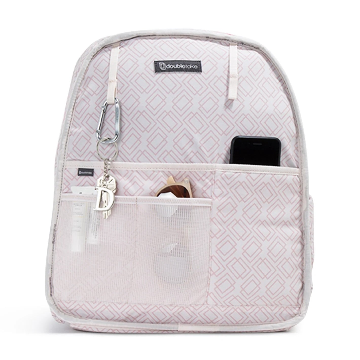 Light gray quilted Doubletake tennisbackpack with multiple pockets on a white background