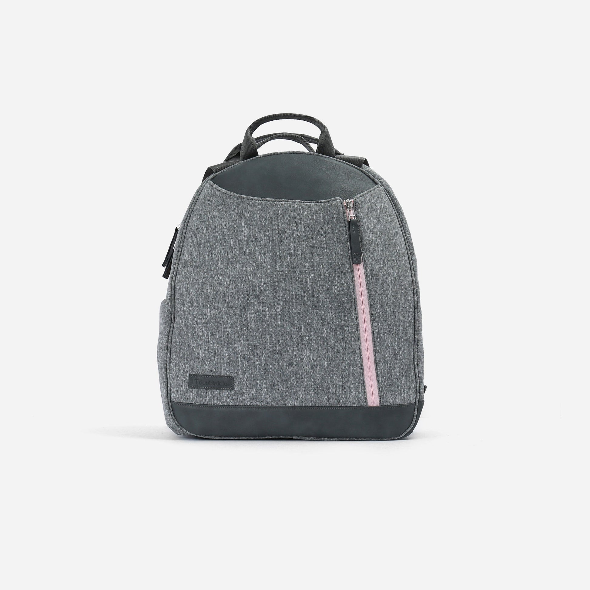 Gray Doubletake tennis backpack with a pink zipper on a white background