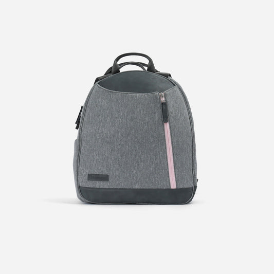 Gray Doubletake tennis backpack with a pink zipper on a white background