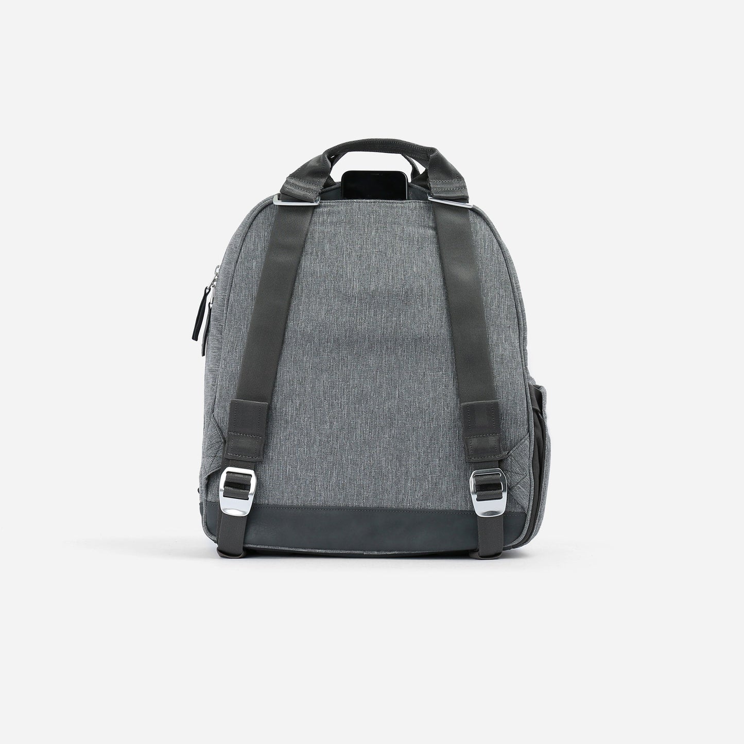 Gray Doubletake tennis backpack with black straps on a white background