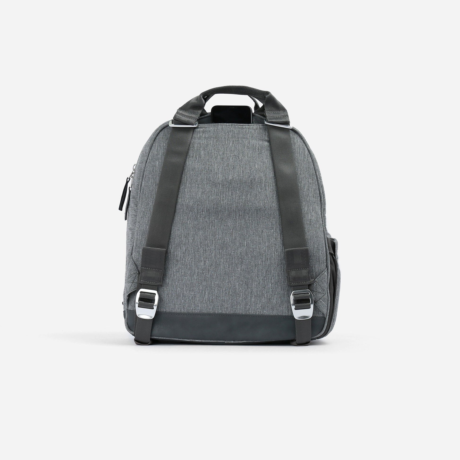 Gray Doubletake tennis backpack with black straps on a white background