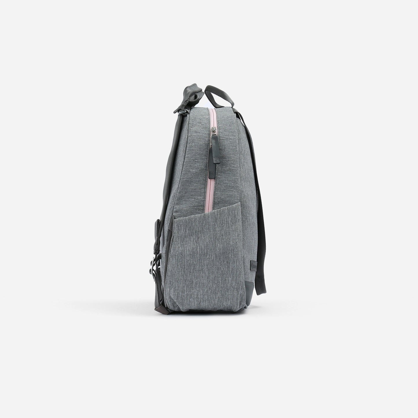Gray Doubletake tennis backpack with a pink zipper on a white background