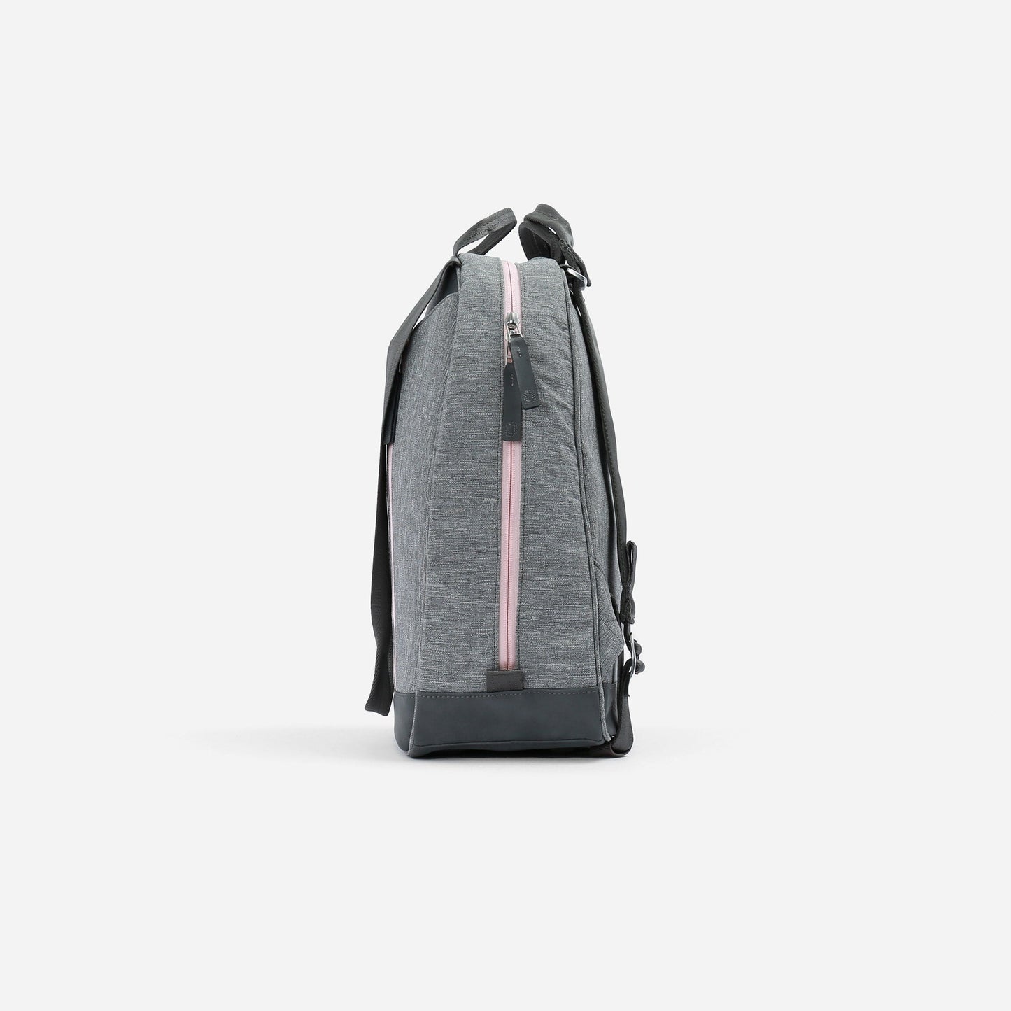 Gray Doubletake tennis backpack with a pink zipper on a white background