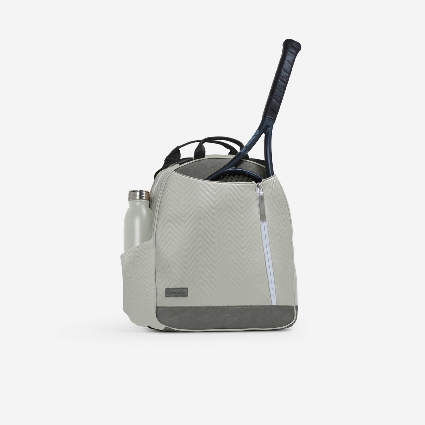 Light gray Doubletake tennisbackpack with a tennis racket and water bottle on a white background