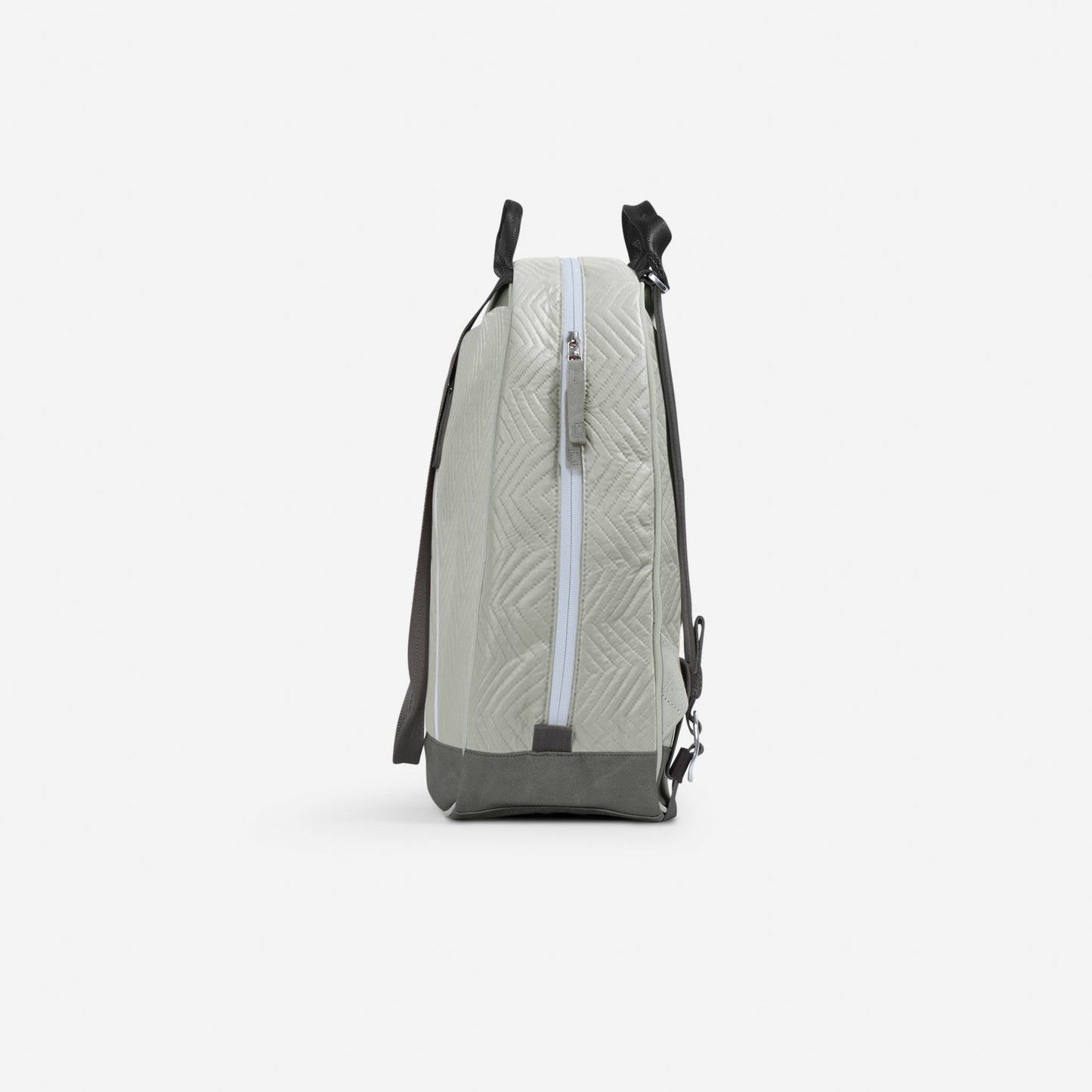 Light gray Doubletake tennis backpack with black straps on a white background