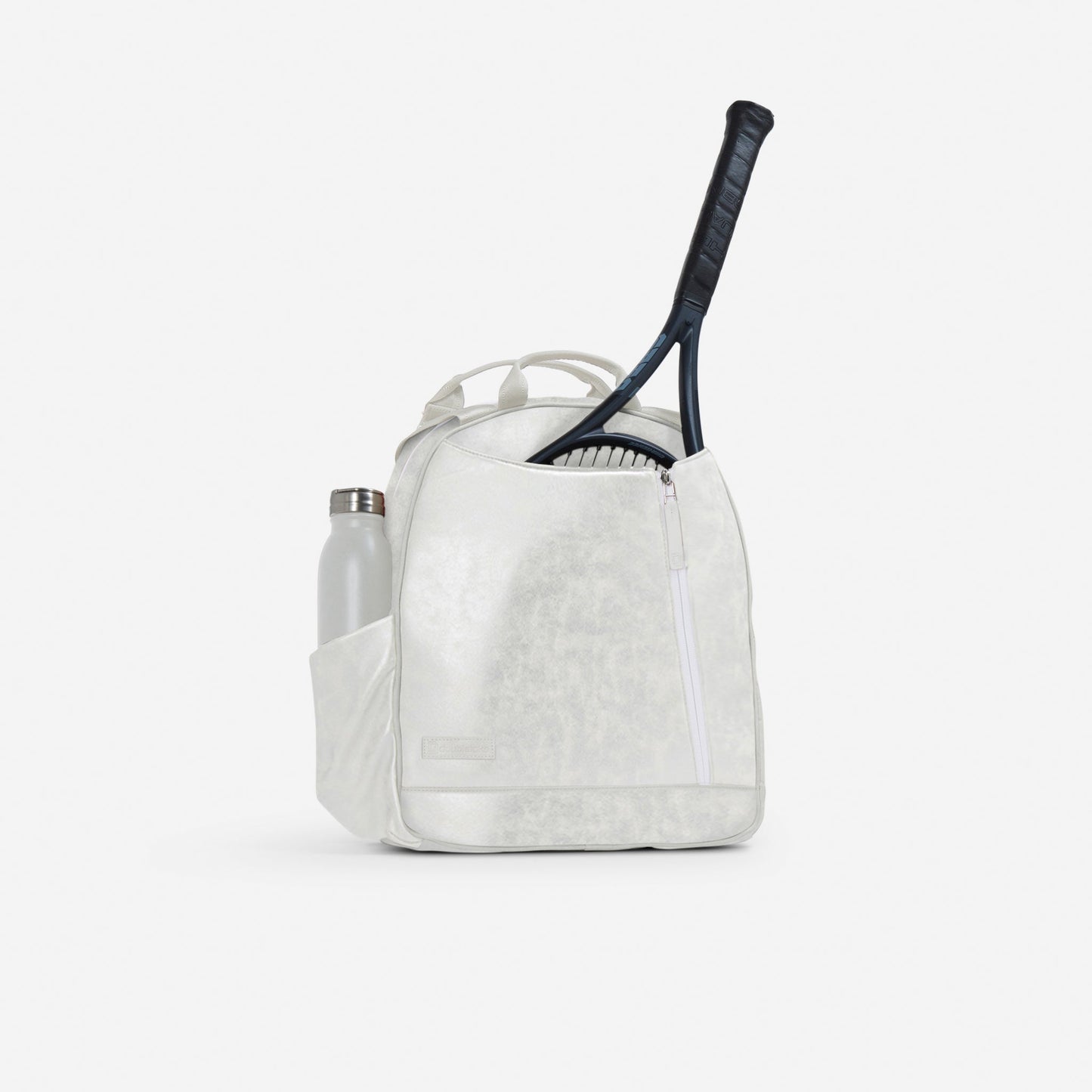 White Doubletake tennis backpack with a tennis racket and water bottle on a white background